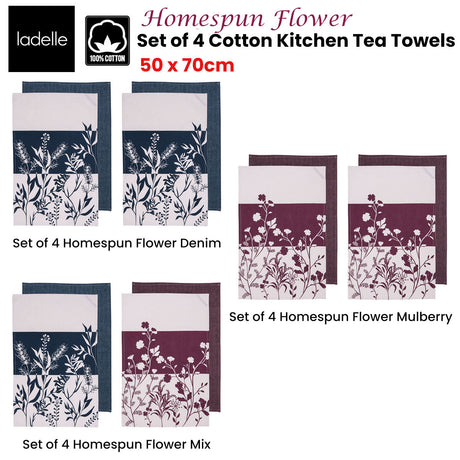 Ladelle Set of 4 Homespun Flower Cotton Kitchen Tea Towels 50 x 70 cm Mulberry