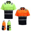 HI VIS Short Sleeve Workwear Shirt w Reflective Tape Cool Dry Safety Polo 2 Tone, Fluoro Orange / Navy, XS