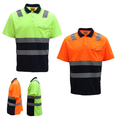 HI VIS Short Sleeve Workwear Shirt w Reflective Tape Cool Dry Safety Polo 2 Tone, Fluoro Orange / Navy, M