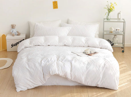 Tufted Diamond Jacquard Super King Size White Duvet Doona Quilt Cover Set