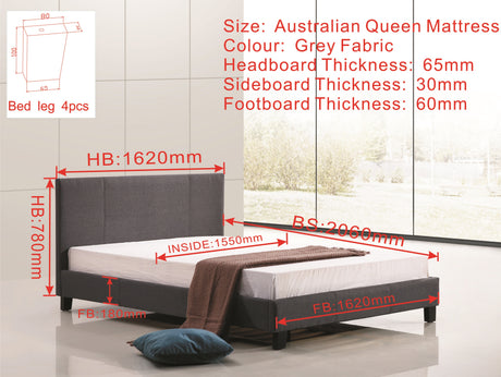 Queen Linen Fabric Bed Frame Grey