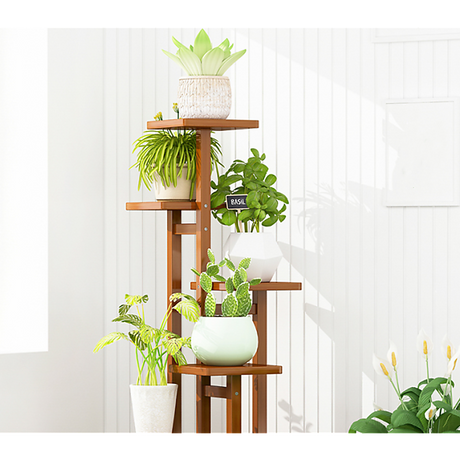 5 Tiers Vertical Bamboo Plant Stand Staged Flower Shelf Rack Outdoor Garden