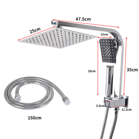Rain Shower Head Set Silver Square Brass Taps Mixer Handheld High Pressure