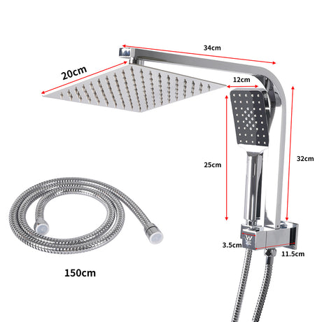 Rain Shower Head Set Silver Square Brass Taps Mixer Handheld High Pressure 8